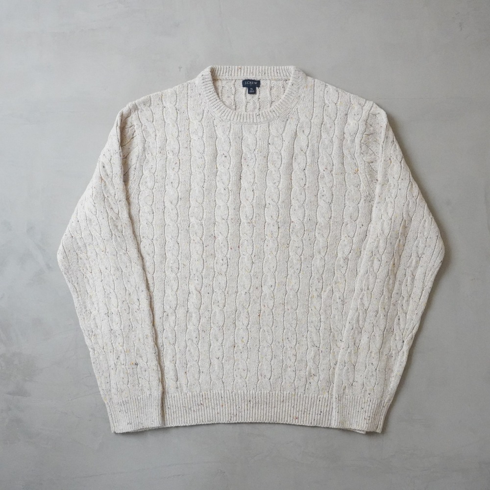 J.Crew Cable Knit Donegal Sweater XL Mens Cream Speckled Cotton Blend Crewneck